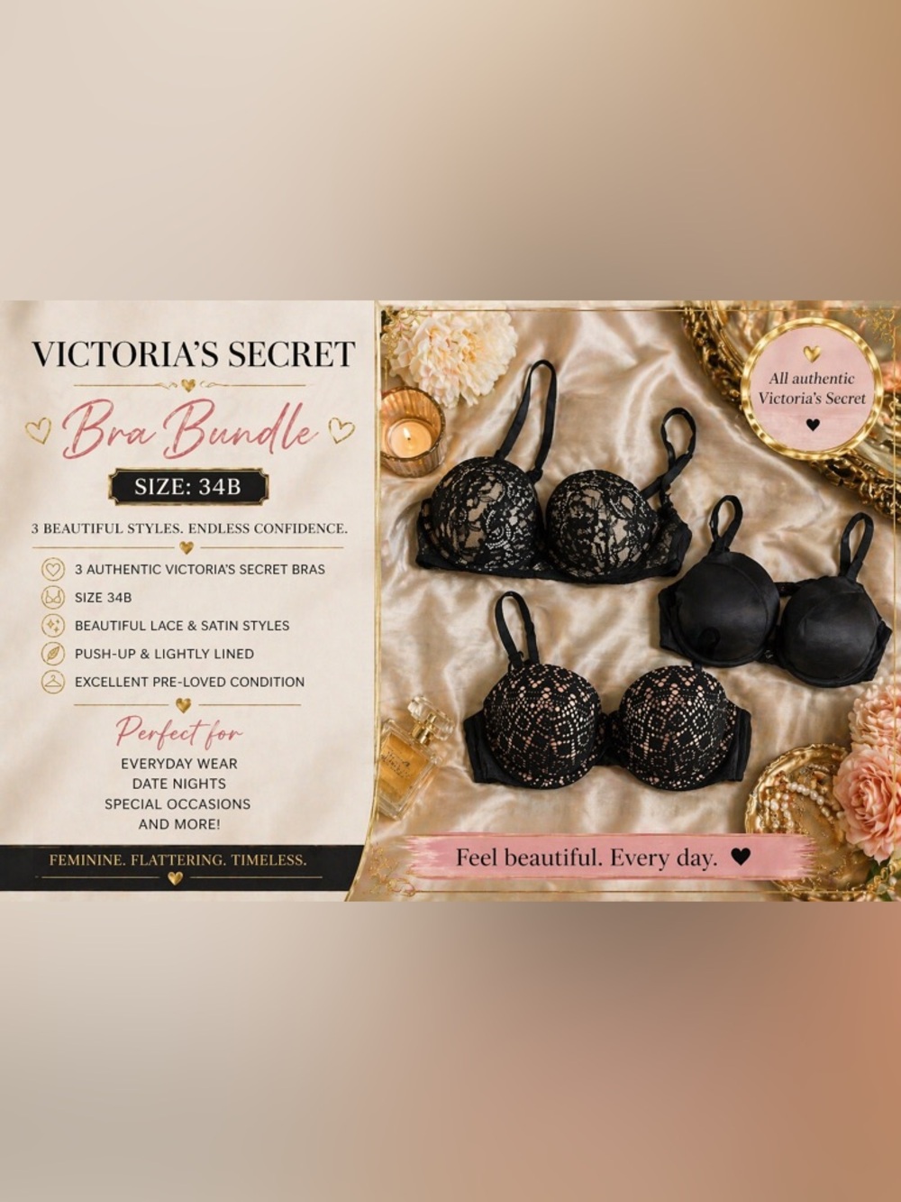 Victoria’s Secret Luxe Lingerie Bundle 34B | Black Lace & Satin Push-Up Bras